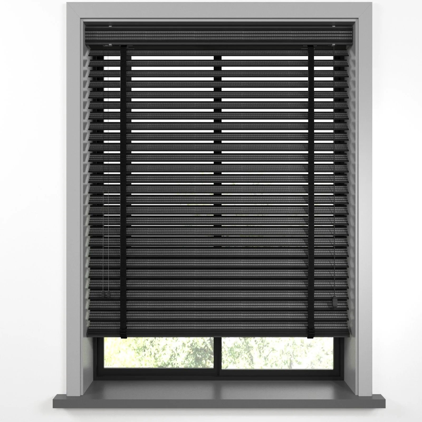 50 mm Hasır Gri Şeritli Siyah Kumaş Jaluzi