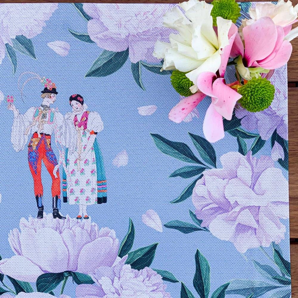 Blue - White Rose Kumaş Amerikan Servis 4'lü Set - 35X50