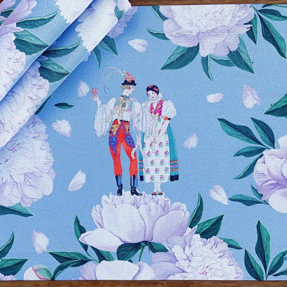 Blue - White Rose Kumaş Amerikan Servis 4'lü Set - 35X50