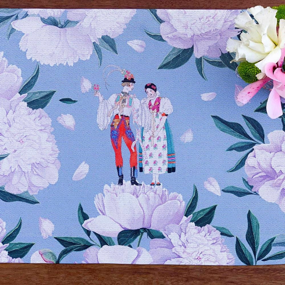 Blue - White Rose Kumaş Amerikan Servis 4'lü Set - 35X50