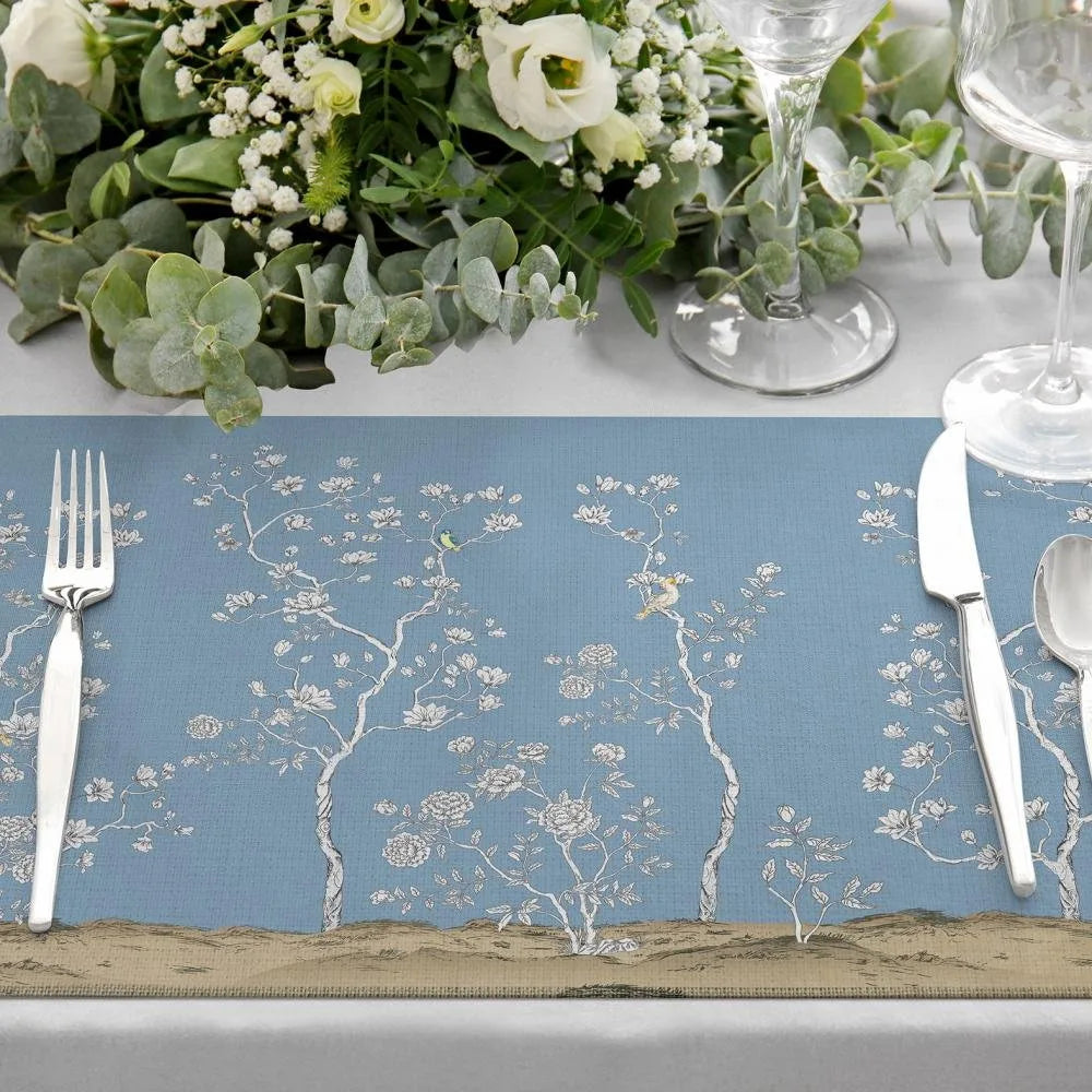 Çiçek Tasarımlı Mavi Kumaş Amerikan Servis 4'lü Set 35X50CM
