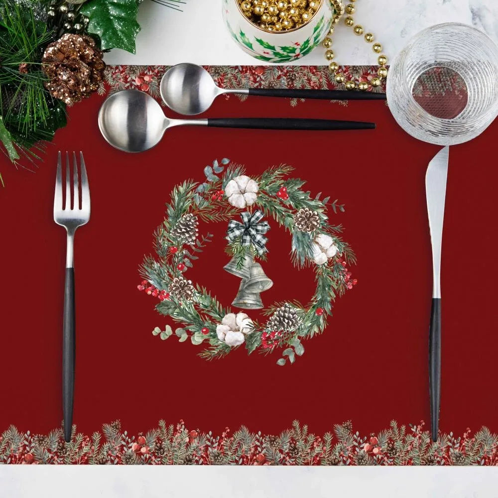 Kırmızı Çan Detaylı Kumaş Amerikan Servis 4'lü Set 50X35CM