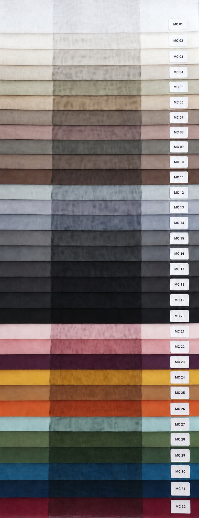 Dar Dikey Tül Perde Kumaş Renk Kartelası (MC01–32)