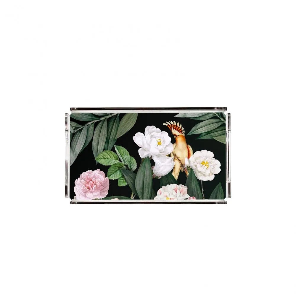 Papağanlı Çiçekler Pleksi Tepsi - PT2123- 40X24cm