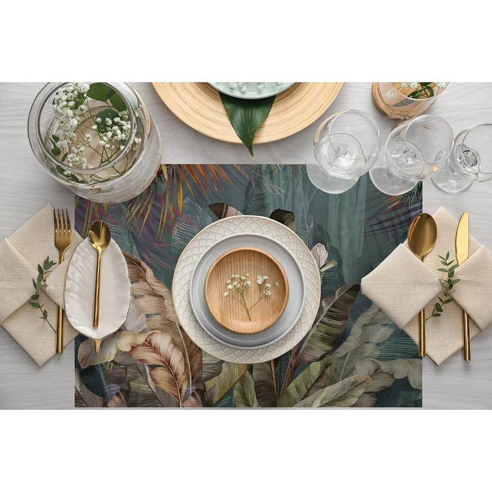 Tropikal Yaprak Tasarımlı Kumaş Amerikan Servis 4'lü Set 35X50CM