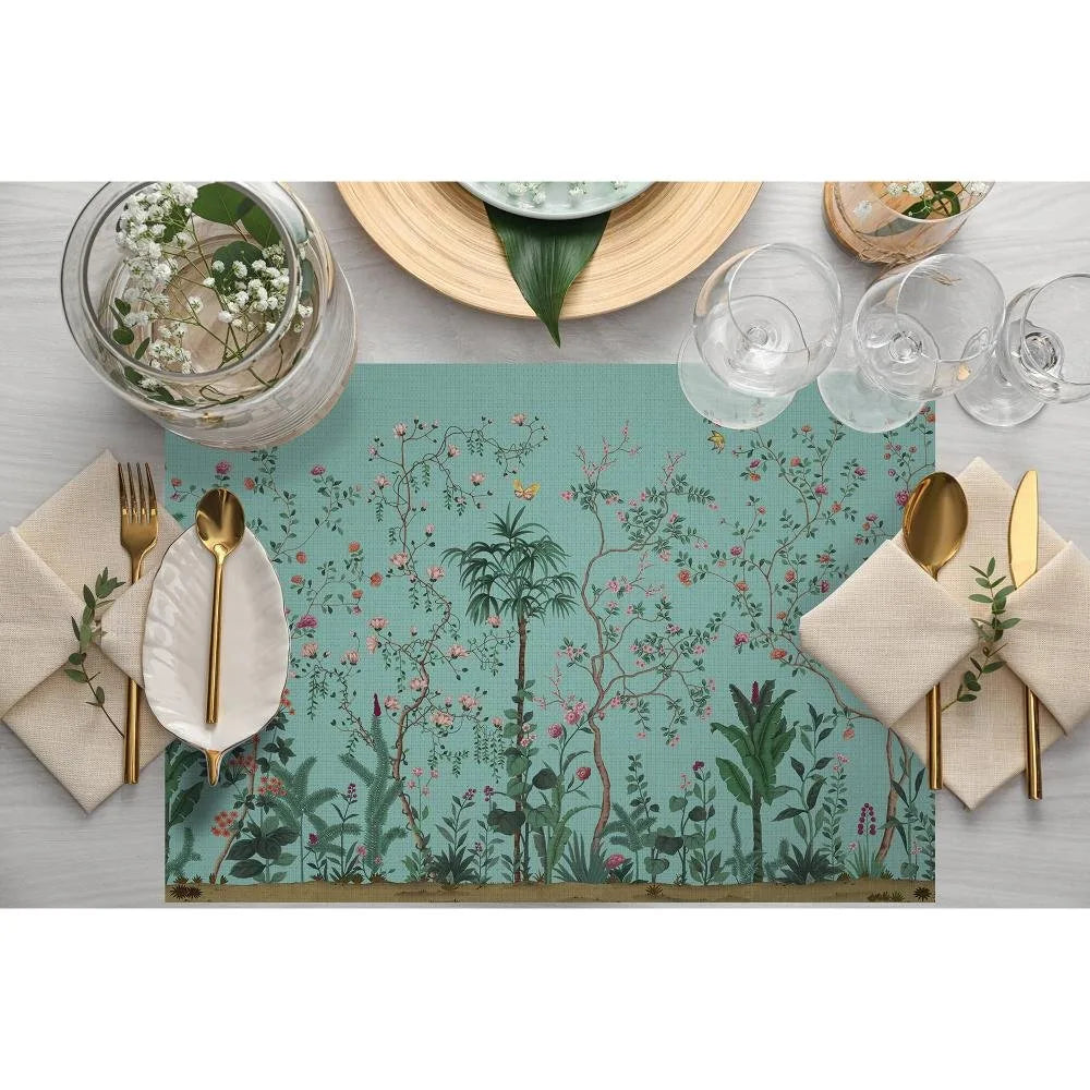 Turkuaz Renkli Çiçek Tasarımlı Kumaş Amerikan Servis 4'lü Set 35X50CM