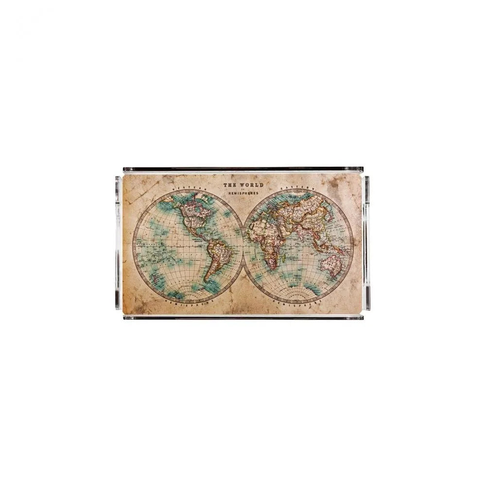 Vintage Dünya Haritası Pleksi Tepsi - PT2118 - 40x24cm