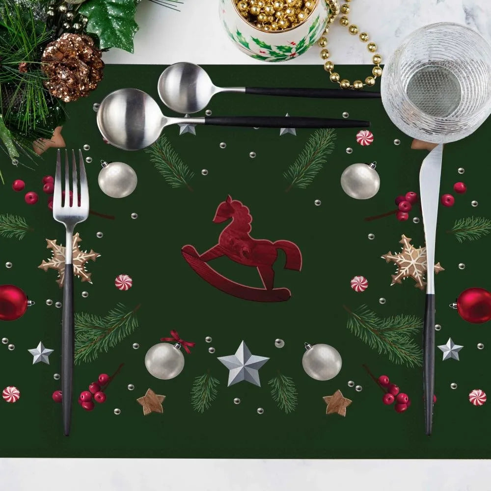 Yeşil Mini Sallanan At Detaylı Kumaş Amerikan Servis 4'lü Set 35X50CM