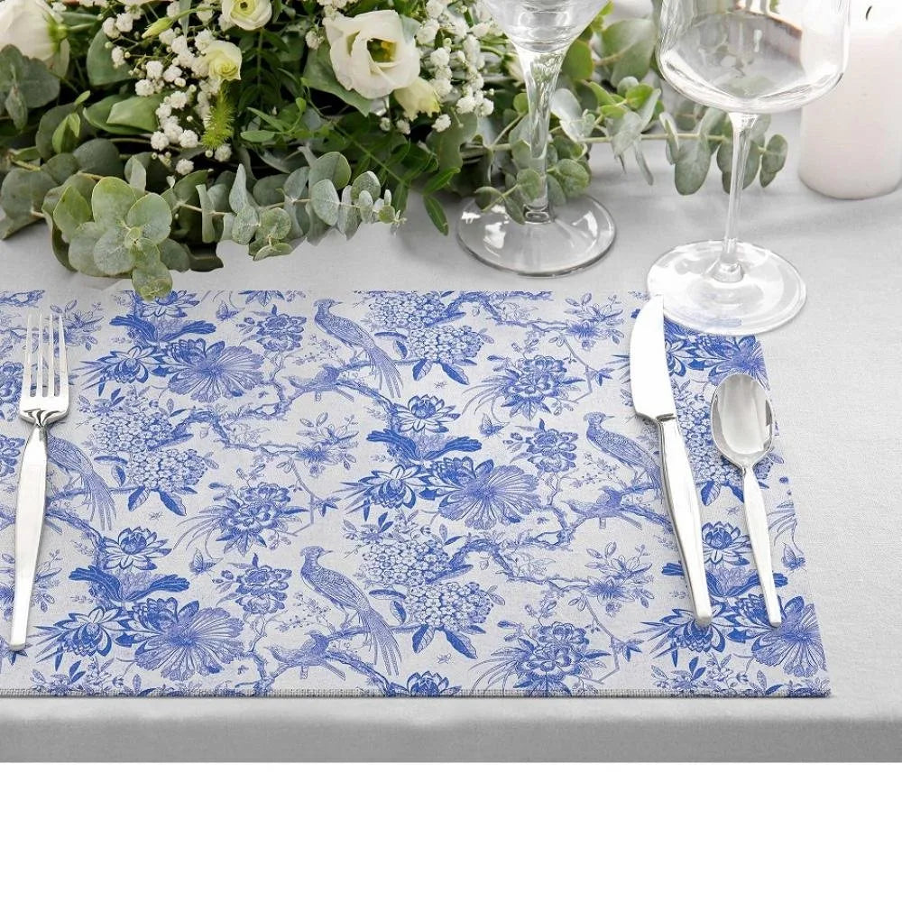 Romantik Desenli Mavi Kuş ve Çiçek Motifli Amerikan Servis Seti - 4'lü Set (30x50 cm)