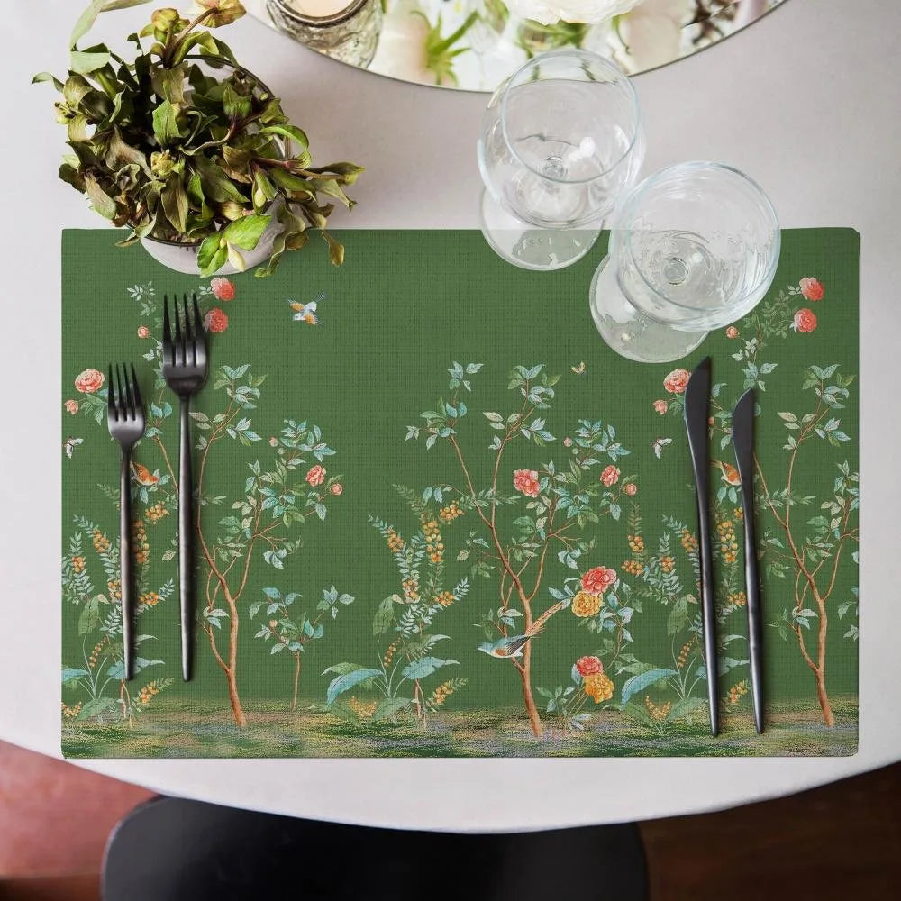 Nature Garden – Kuş ve Çiçek Desenli Yeşil Amerikan Servis Takımı- 4'lü Set (35X50 cm)