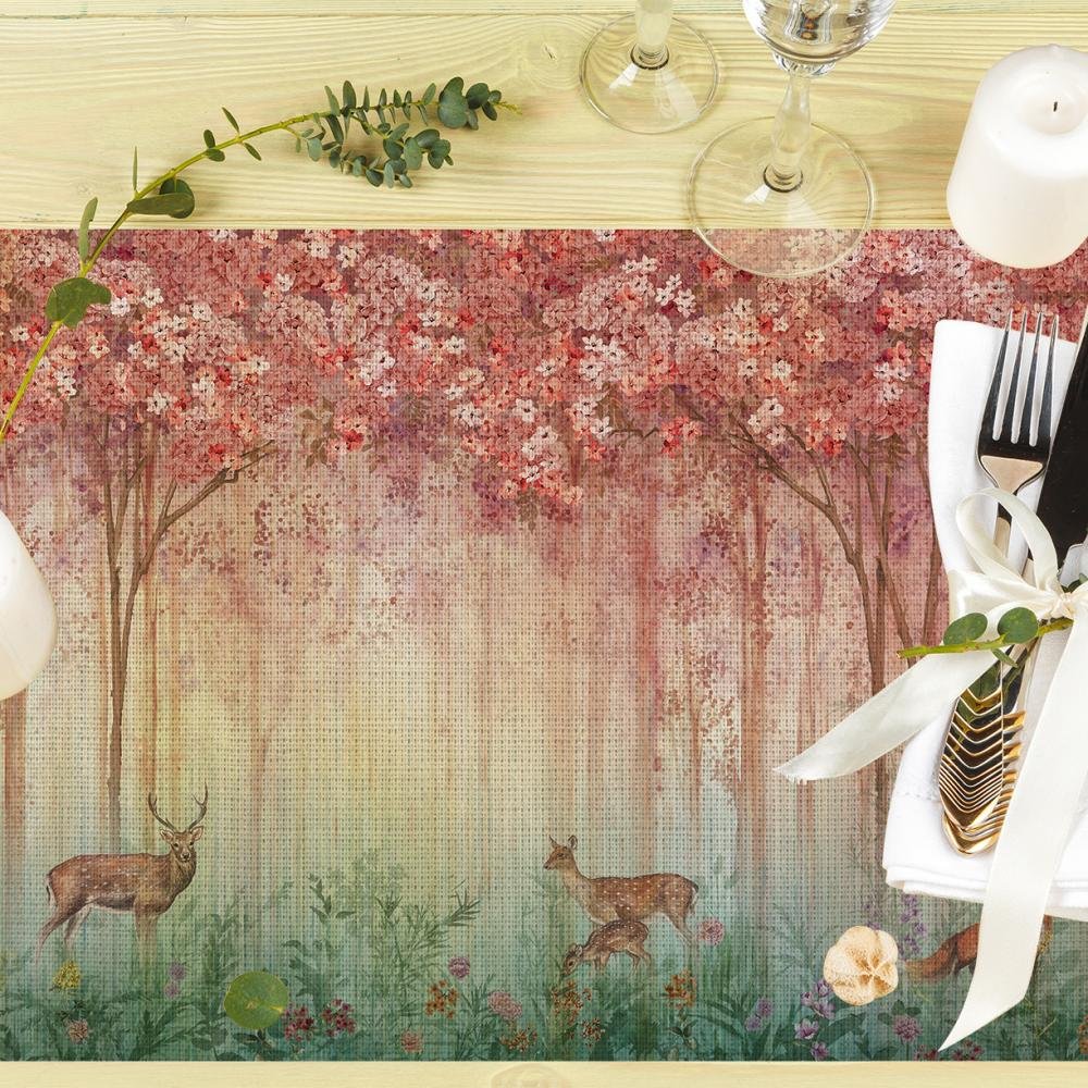 Pastel Design with Deer and Forest Pattern, and Flowered Trees - Set of 4 Placemats (30x50 cm)