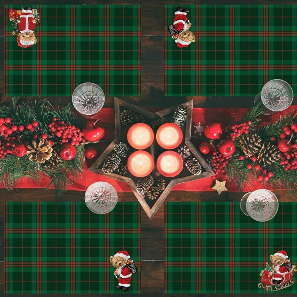 Santa Bear Ekose Amerikan Servis – Yılbaşı Sofraları İçin Teddy Kumaş - 4'lü Set (30x50 cm)